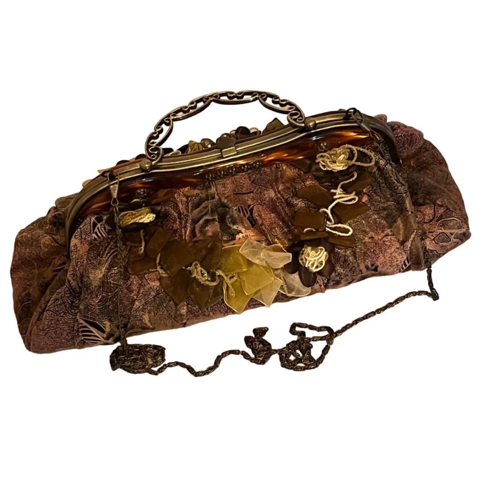 Vintage 40’s floral purse w/organza flowers,kiss closure & brass handle w/chain